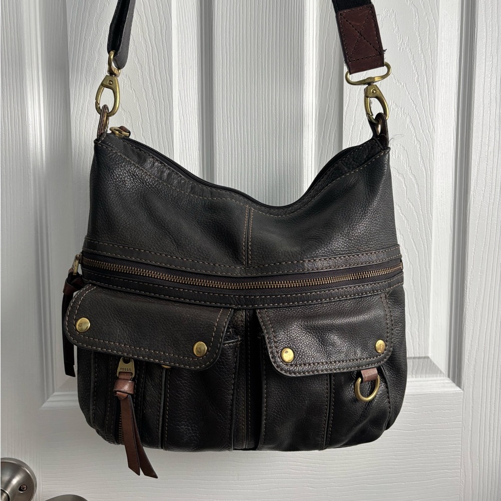 Fossil Black and Brown Shoulder Bag with Adjustable Strap